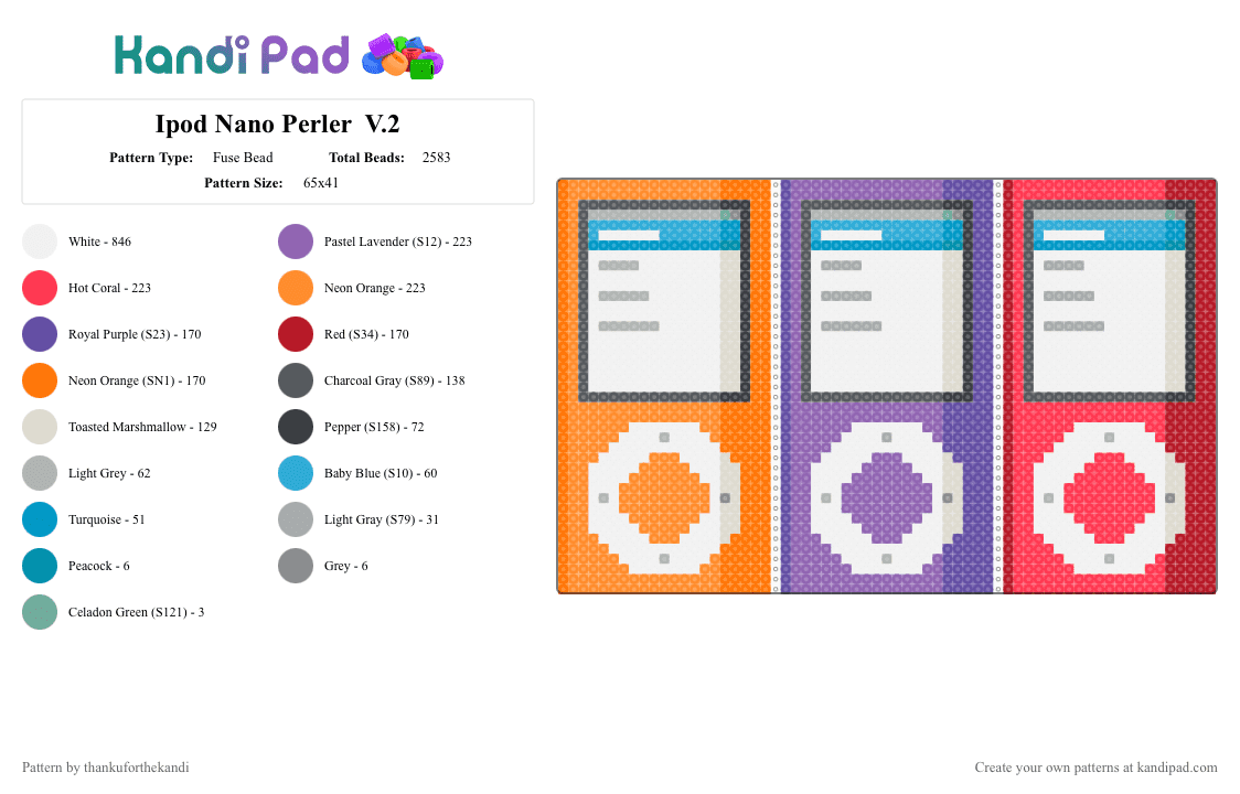 Ipod Nano Perler  V.2 - Fuse Bead Pattern by thankuforthekandi on Kandi Pad - pink,beige,red,orange,frutiger aero,frutiger metro,ipod,y2k,aesthetic,media,nostalgic,music