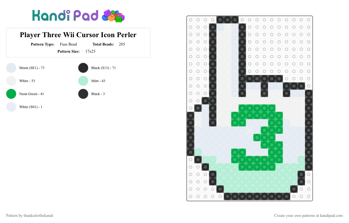Player Three Wii Cursor Icon Perler - Fuse Bead Pattern by thankuforthekandi on Kandi Pad - console, frutiger aero, gaming, green, light blue, nintendo, nostalgic, technozen, white, wii, y2k