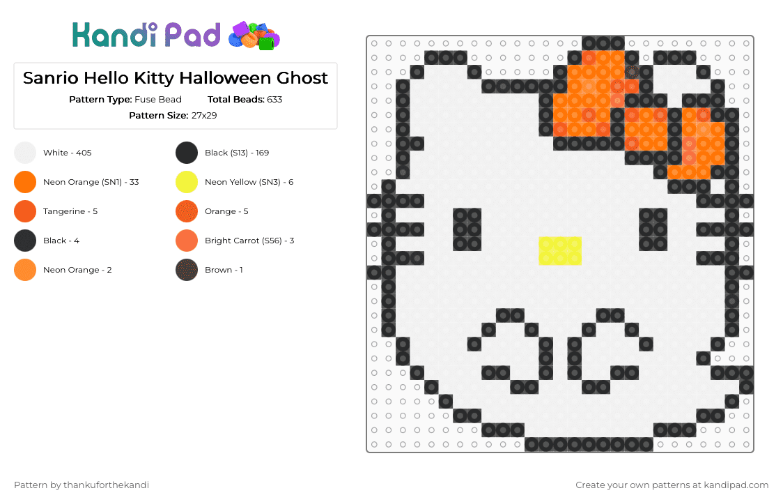 Sanrio Hello Kitty Halloween Ghost - Fuse Bead Pattern by thankuforthekandi on Kandi Pad - white,orange,sanrio,hello kitty,halloween,spooky,cute,summerween,ghost,cat