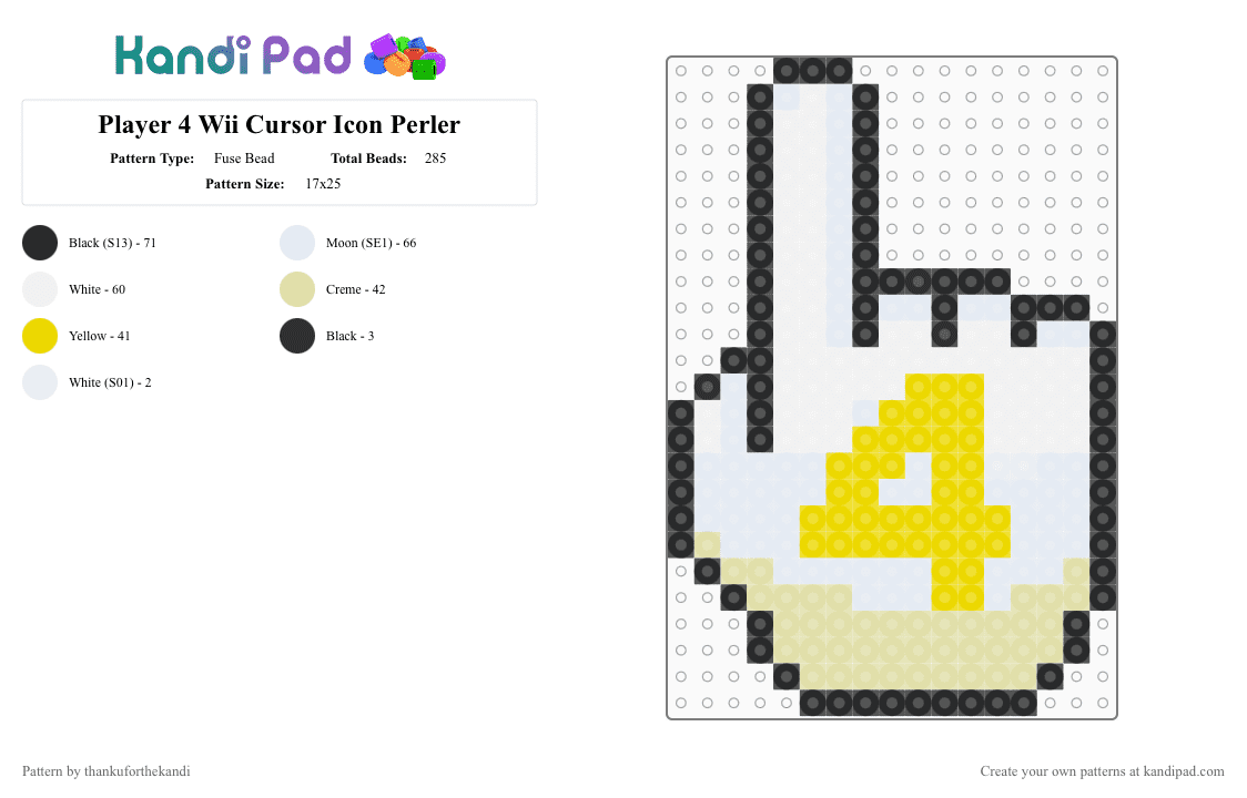 Player Four Wii Cursor Icon Perler - Fuse Bead Pattern by thankuforthekandi on Kandi Pad - white,yellow,frutiger aero,technozen,wii,nintendo,y2k,gaming,console,nostalgic