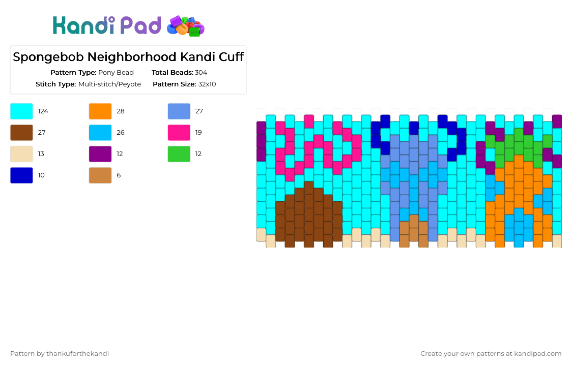 Spongebob Neighborhood Kandi Cuff - Pony Bead Pattern by thankuforthekandi on Kandi Pad - cartoon, light blue, nickelodeon, patrick, patrick star, spongebob, spongebob squarepants, squidward, squidward tentacles