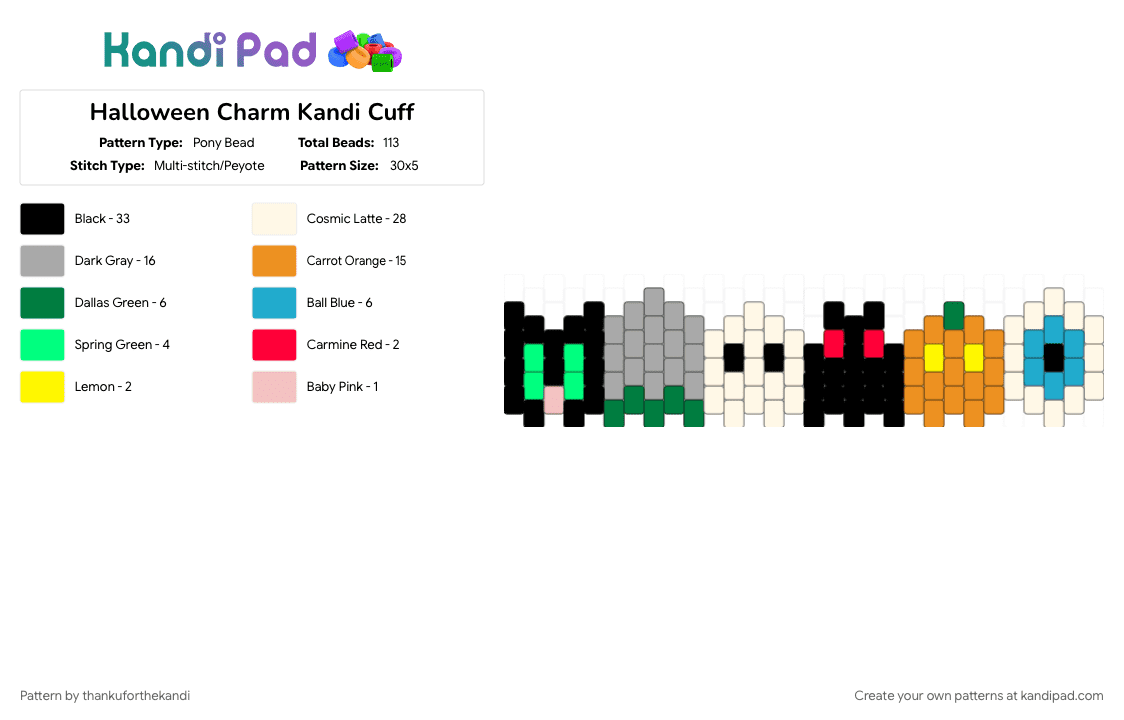 Halloween Charm Kandi Cuff - Pony Bead Pattern by thankuforthekandi on Kandi Pad - beige, cat, eyeball, fall, ghost, halloween, orange, pumpkin, scary, spooky