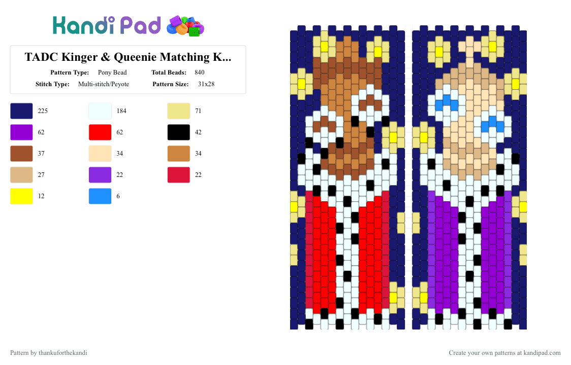 TADC Kinger & Queenie Matching Kandi Cuff - Pony Bead Pattern by thankuforthekandi on Kandi Pad - glitch productions, gooseworx, kinger, matching, pomni, purple, queenie, red, tadc, the amazing digital circus