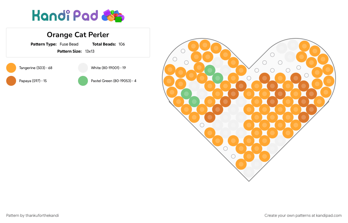 Orange Cat Perler - Fuse Bead Pattern by thankuforthekandi on Kandi Pad - animal, cat, cute, feline, heart, kitten, kitty, kitty cat, orange