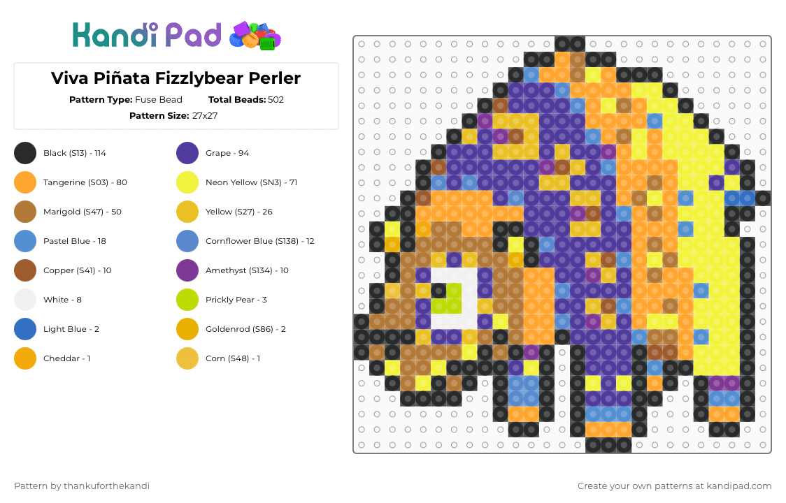 Viva Piñata Fizzlybear Perler - Fuse Bead Pattern by thankuforthekandi on Kandi Pad - orange,tan,yellow,purple,viva pinata,cartoon,videogame,rare,microsoft,gaming,cute