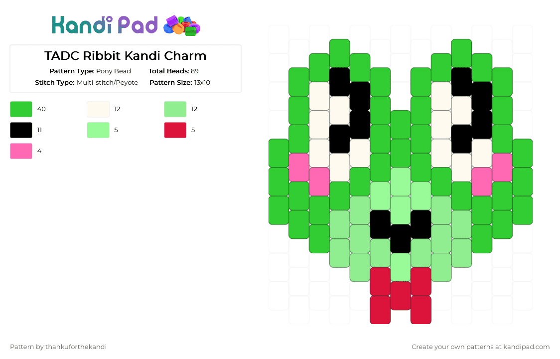 TADC Ribbit Kandi Charm - Pony Bead Pattern by thankuforthekandi on Kandi Pad - green,teal,the amazing digital circus,tadc,gooseworx,ribbit,jax,pomni,ragatha,kinger
