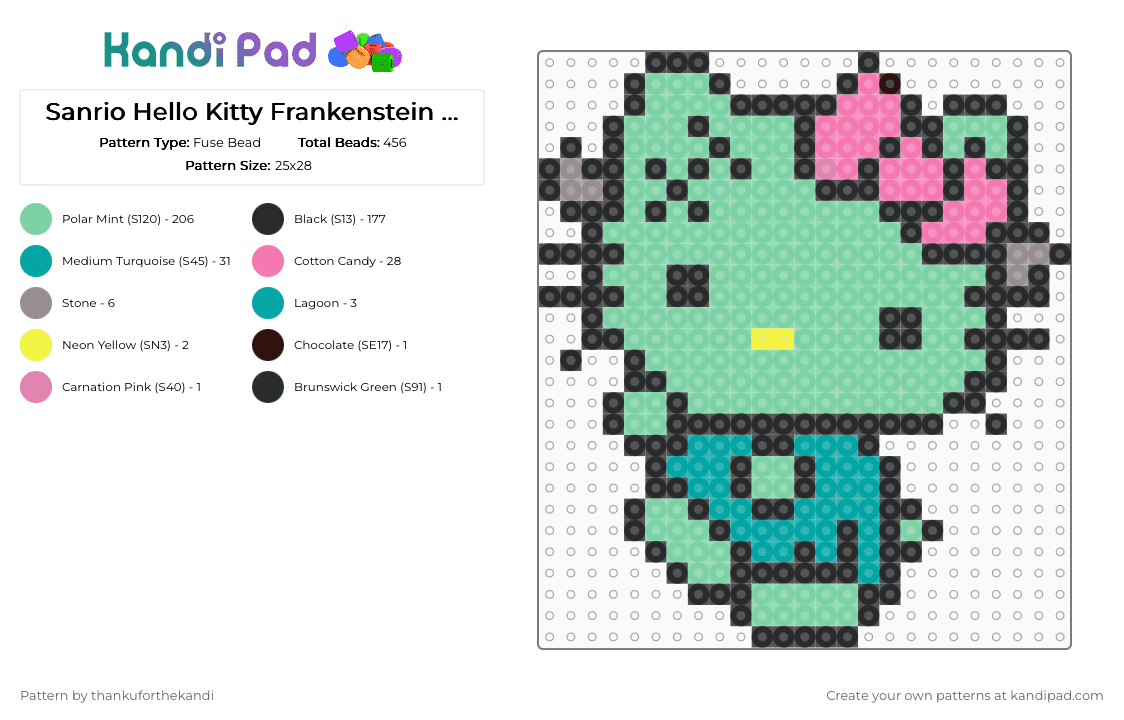 Sanrio Hello Kitty Halloween Frankenstein Perler - Fuse Bead Pattern by thankuforthekandi on Kandi Pad - cat, cute, frankenstein, halloween, hello kitty, sanrio, spooky, summerween, teal