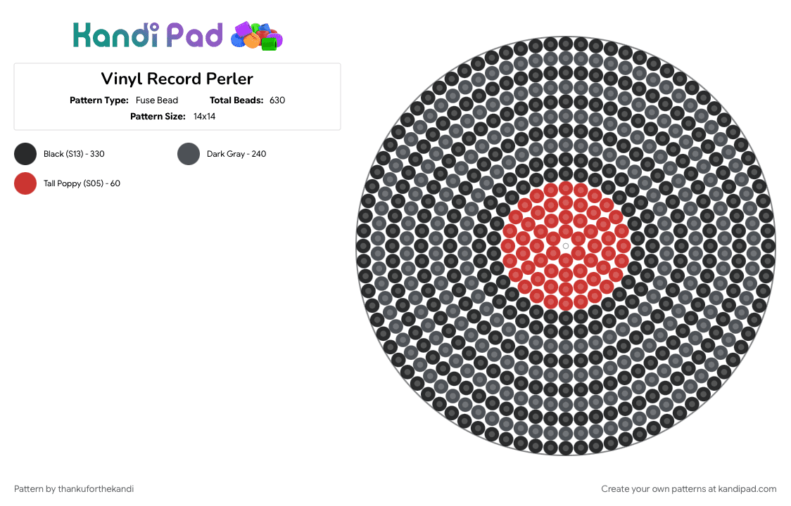 Vinyl Record Perler - Fuse Bead Pattern by thankuforthekandi on Kandi Pad - band, easy, easy pattern, easy perler, fun, gray, media, music, vinyl