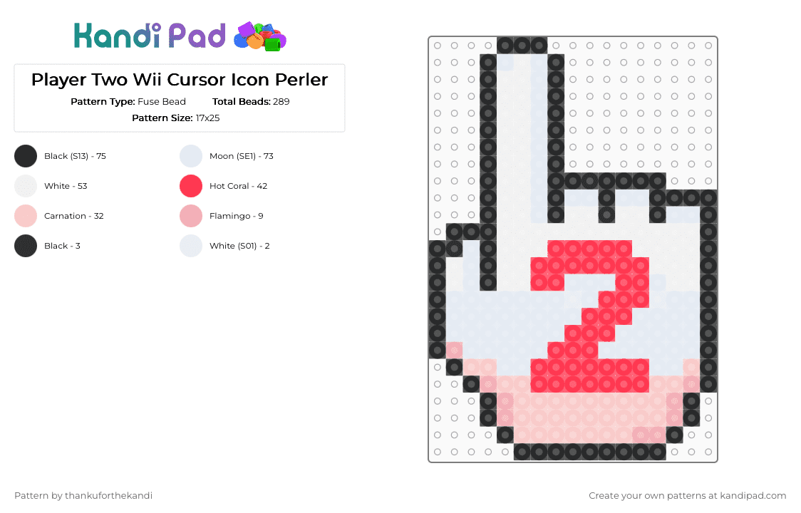 Player Two Wii Cursor Icon Perler - Fuse Bead Pattern by thankuforthekandi on Kandi Pad - white,red,beige,frutiger aero,technozen,wii,nintendo,y2k,gaming,console,nostalgic