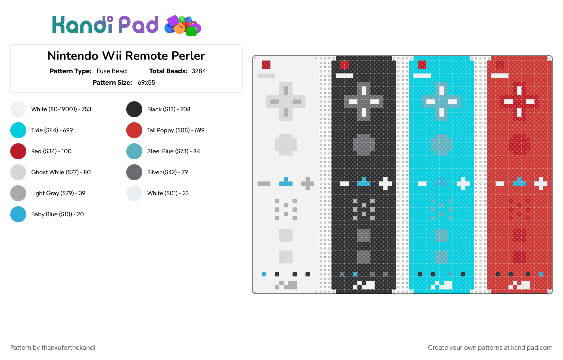 Nintendo Wii Remote Perler - Fuse Bead Pattern by thankuforthekandi on Kandi Pad - console, frutiger aero, light blue, nintendo, nostalgia, red, technozen, video game, wii, y2k
