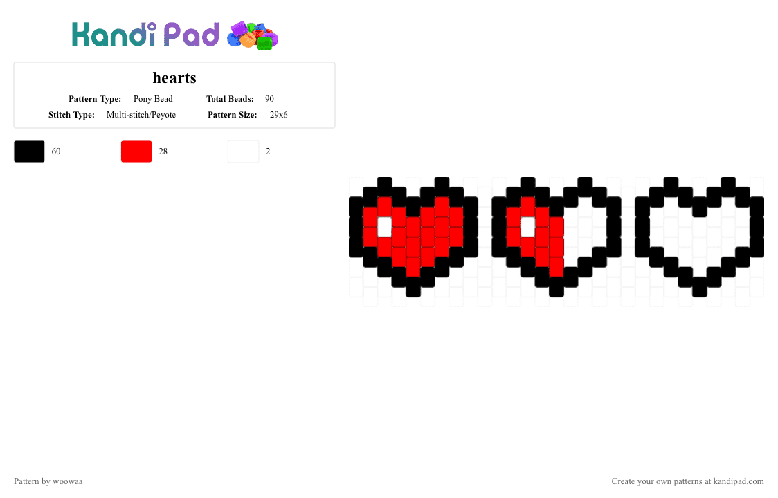 hearts - Pony Bead Pattern by woowaa on Kandi Pad - black, red