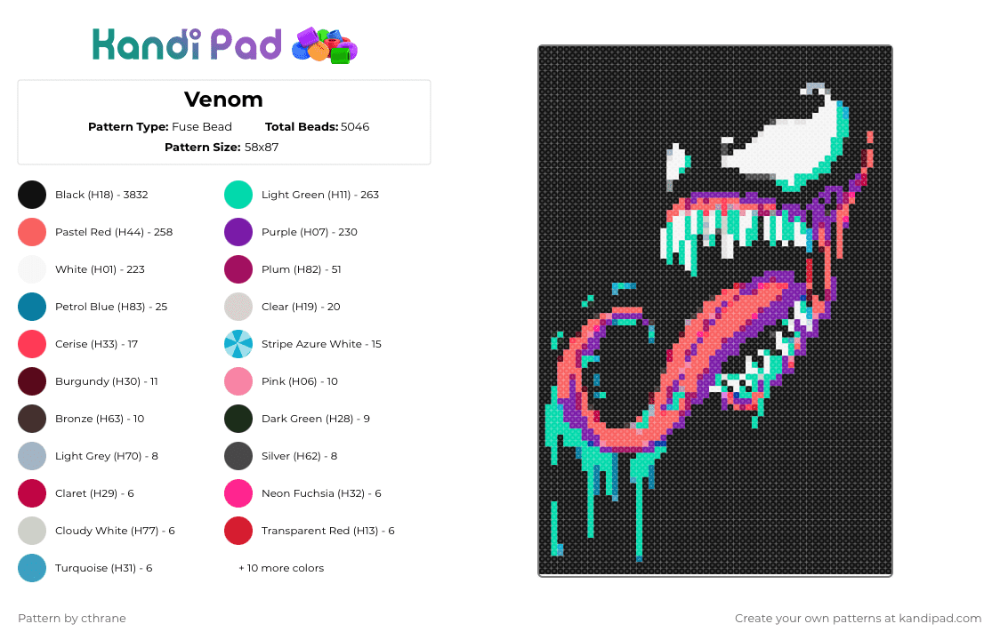 Venom - Fuse Bead Pattern by cthrane on Kandi Pad - black,teal,red,purple