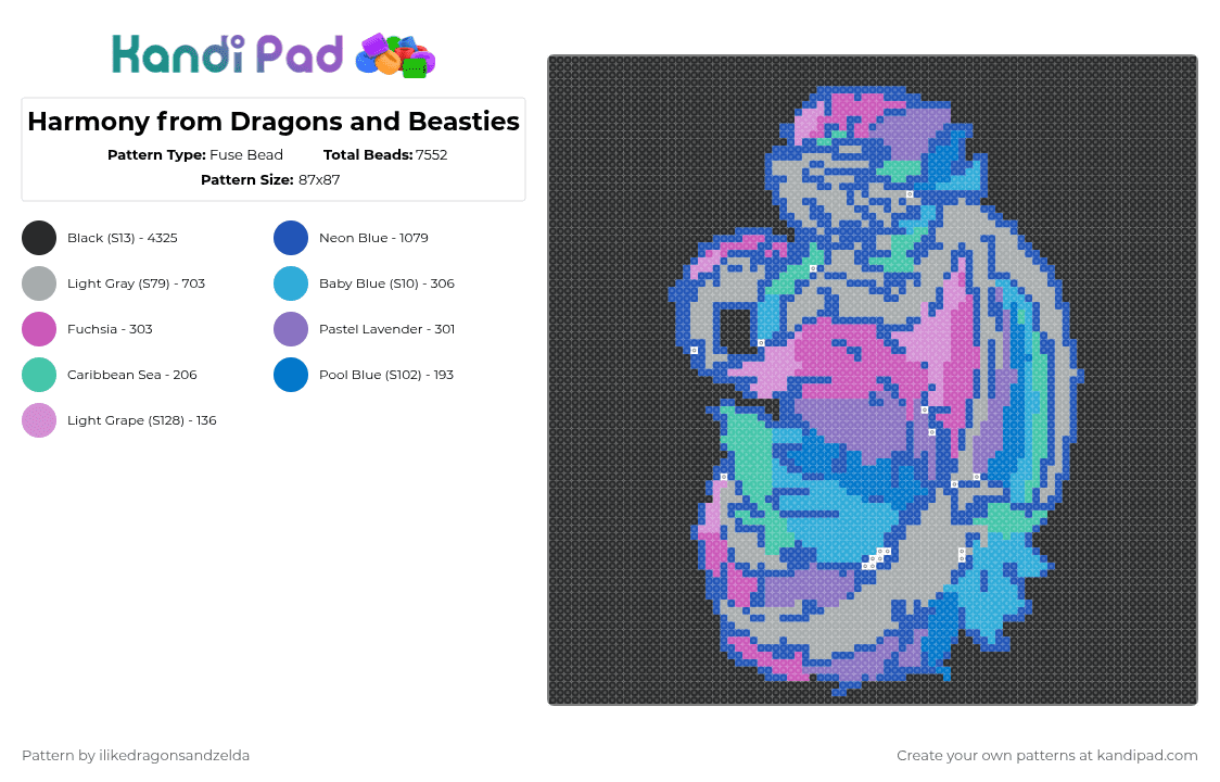 Harmony from Dragons and Beasties - Fuse Bead Pattern by fnafroxyfan on Kandi Pad - black,blue,gray