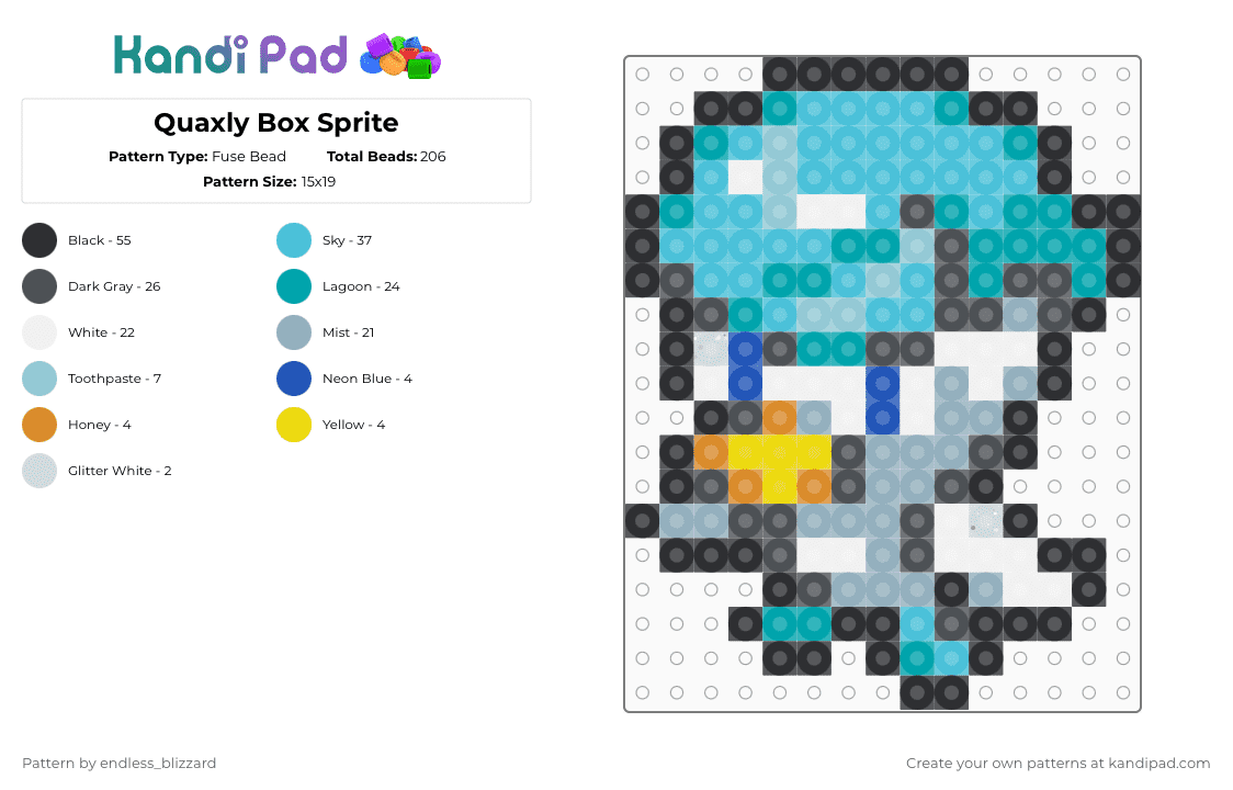 Quaxly Box Sprite - Fuse Bead Pattern by endless_blizzard on Kandi Pad - teal,light blue,gray,pokemon,quaxly