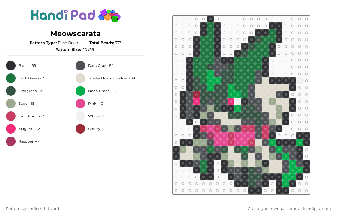 Meowscarata - Fuse Bead Pattern by endless_blizzard on Kandi Pad - green,gray,pokemon,meowscarata