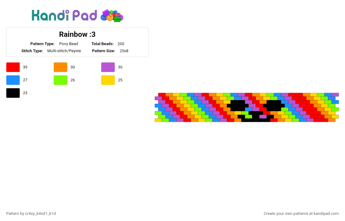 Rainbow :3 - Pony Bead Pattern by cr4zy_k4nd1_k1d on Kandi Pad - red,orange,light blue,pink