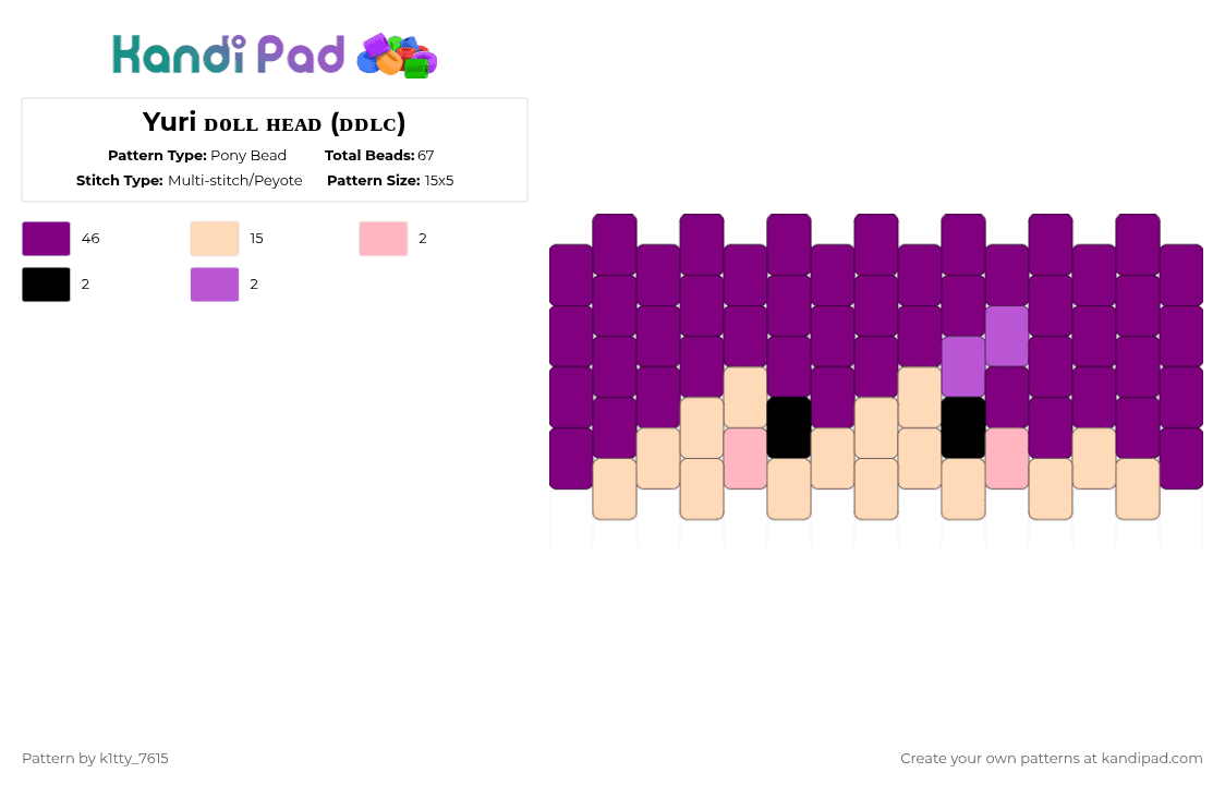 Yuri ᴅᴏʟʟ ʜᴇᴀᴅ (ᴅᴅʟᴄ) - Pony Bead Pattern by k1tty_7615 on Kandi Pad - pink,ddlc,doki doki literature club,doll,kandi,cute,poems,books,yuri