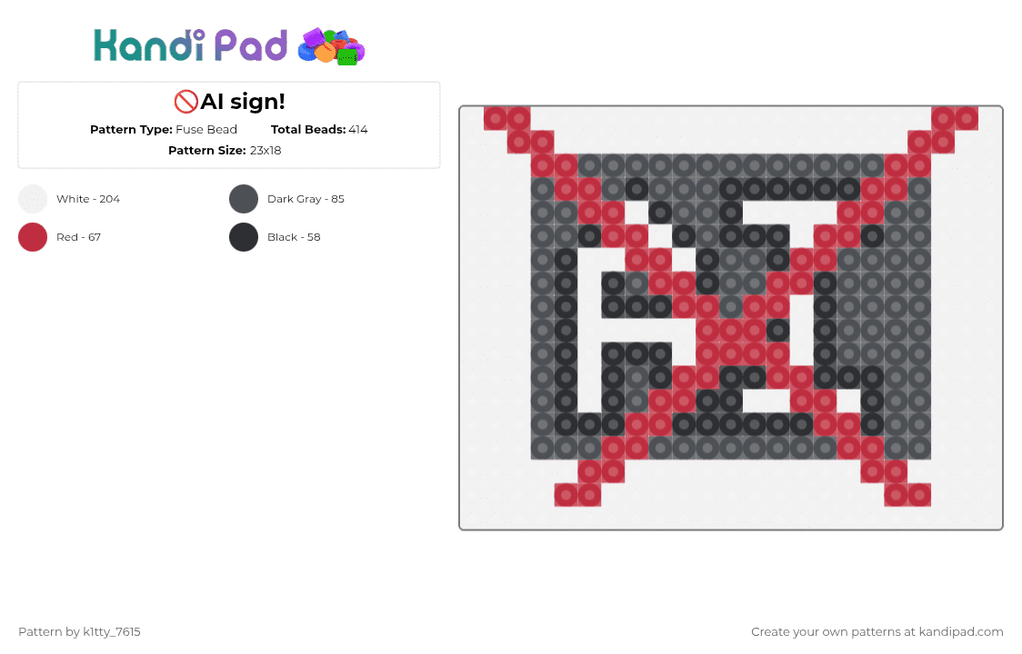 🚫AI sign! - Fuse Bead Pattern by k1tty_7615 on Kandi Pad - red,gray,no ai,save,the,world,and,animals,sign