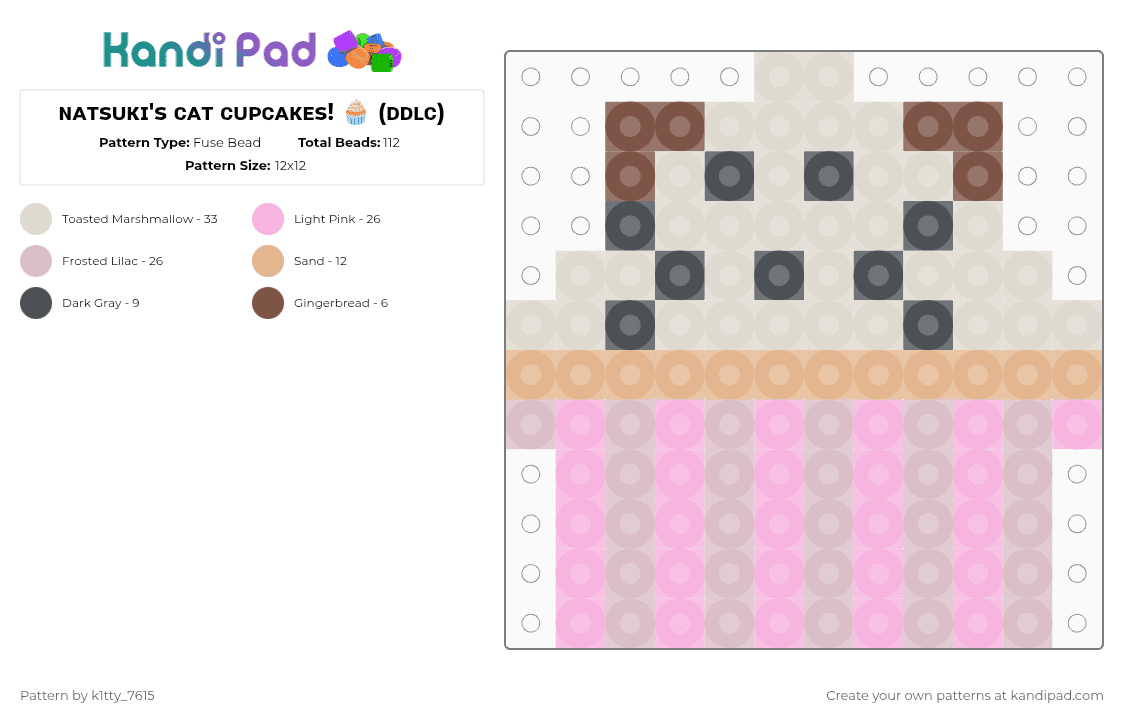 ɴᴀᴛsᴜᴋɪ\'s ᴄᴀᴛ ᴄᴜᴘᴄᴀᴋᴇs! 🧁 (ᴅᴅʟᴄ) - Fuse Bead Pattern by k1tty_7615 on Kandi Pad - beige,natsuki,cat,cupcake,ddlc,doki doki literature club,baking,cute,cutecore