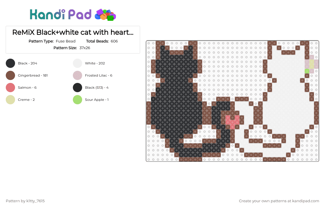 ReMiX Black+white cat with heart tails! - Fuse Bead Pattern by k1tty_7615 on Kandi Pad - white,tan,cute,black,flower,love,cats,heart,sweet