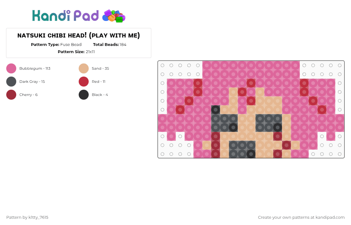 ɴᴀᴛsᴜᴋɪ ᴄʜɪʙɪ ʜᴇᴀᴅ! (ᴘʟᴀʏ ᴡɪᴛʜ ᴍᴇ) - Fuse Bead Pattern by k1tty_7615 on Kandi Pad - pink,ddlc,doki doki literature club,natsuki,play with me,glitch,horror,cutecore,chibi