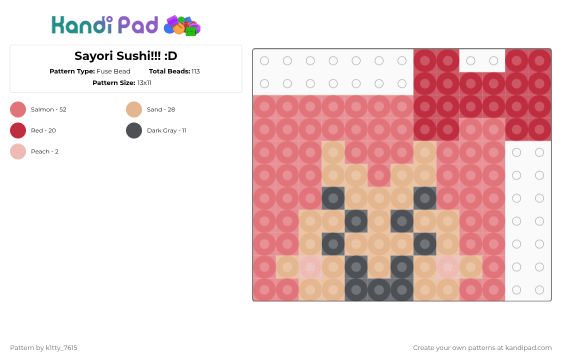 Sayori Sushi!!! :D - Fuse Bead Pattern by k1tty_7615 on Kandi Pad - red,sushi,cotdsushi,ddlc,doki doki literature club,cute,horror,food,sayori