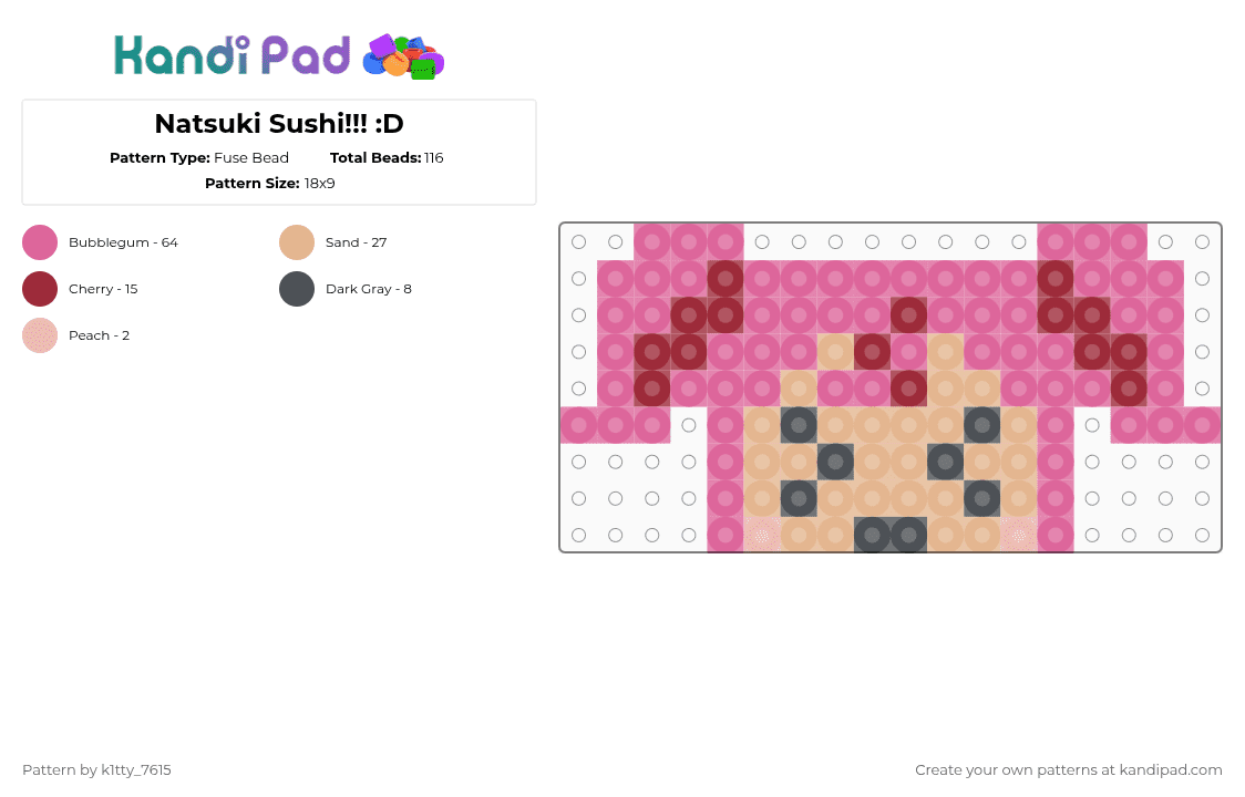 Natsuki Sushi!!! :D - Fuse Bead Pattern by k1tty_7615 on Kandi Pad - beige,pink,sushi,cotdsushi,ddlc,doki doki literature club,cute,horror,food,natsuki