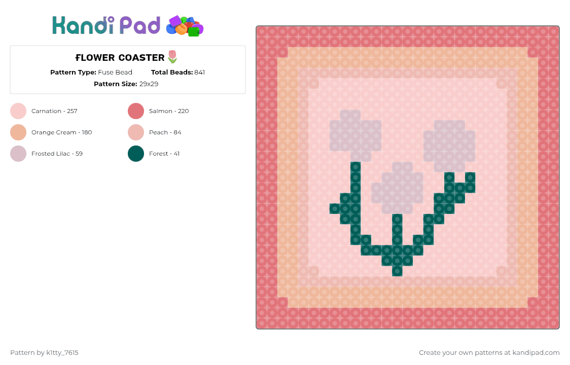ғʟᴏᴡᴇʀ ᴄᴏᴀsᴛᴇʀ🌷 - Fuse Bead Pattern by k1tty_7615 on Kandi Pad - beige,coaster,pink,tulip,flowers,pretty