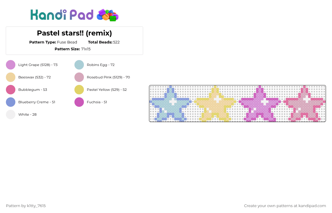 Pastel stars!! (remix) - Fuse Bead Pattern by k1tty_7615 on Kandi Pad - light blue,pink,cutecore,pastel,stars,teal,lilac,light pink,yellow