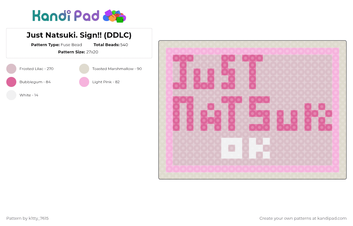 Just Natsuki. Sign!! (DDLC) - Fuse Bead Pattern by k1tty_7615 on Kandi Pad - beige,pink,doki doki literature club,ddlc,just monika,horror,kawaii,cute,monika,natsuki