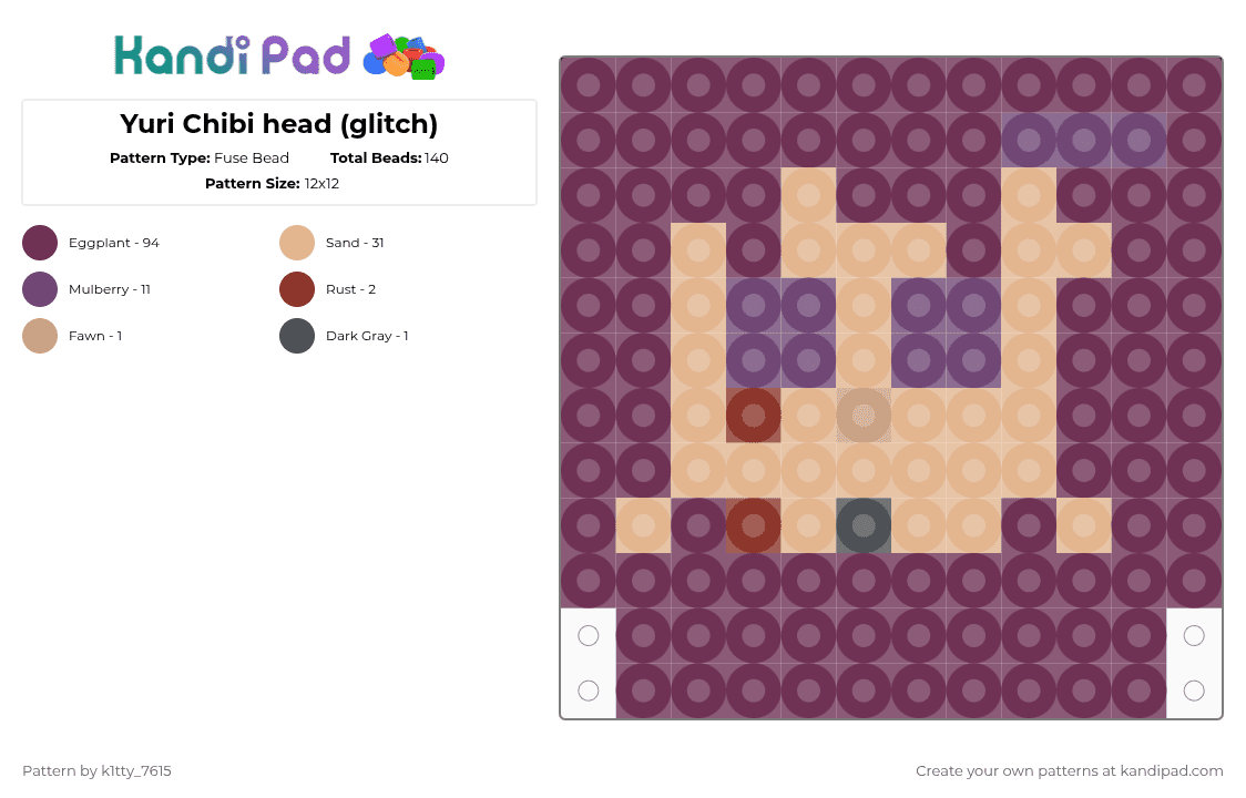 Yuri Chibi head (glitch) - Fuse Bead Pattern by k1tty_7615 on Kandi Pad - pink,yuri,ddlc,doki doki literature club,horror,glitch,literature club,reading,poems