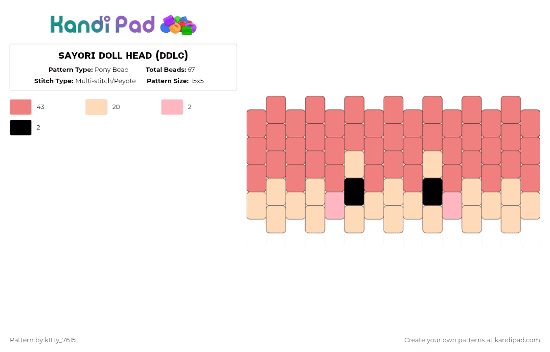 sᴀʏᴏʀɪ ᴅᴏʟʟ ʜᴇᴀᴅ (ᴅᴅʟᴄ) - Pony Bead Pattern by k1tty_7615 on Kandi Pad - red,sayori,ddlc,doki doki literature club,doll,kandi,cute,poems,happy thoughts