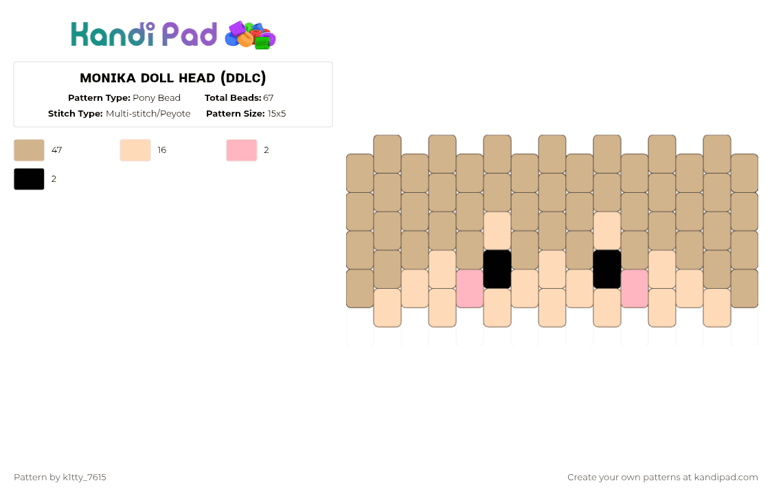 ᴍᴏɴɪᴋᴀ ᴅᴏʟʟ ʜᴇᴀᴅ (ᴅᴅʟᴄ) - Pony Bead Pattern by k1tty_7615 on Kandi Pad - beige,ddlc,doki doki literature club,doll,kandi,cute,poems,monika,yay