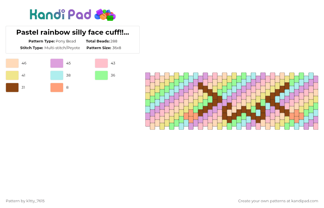 Pastel rainbow silly face cuff!! (Remix from pizookie) - Pony Bead Pattern by k1tty_7615 on Kandi Pad - pink,beige,yellow,light blue,pastel,rainbow,kandi,cuff,smirky face,silly,remix,cool