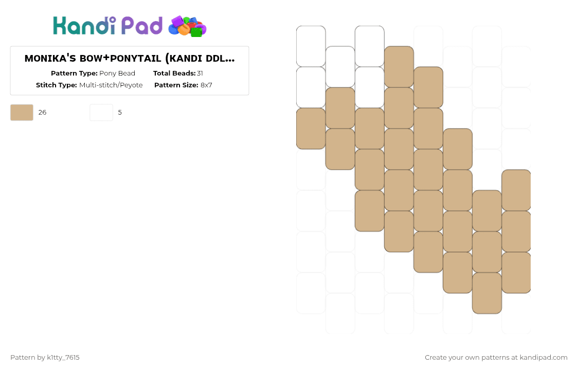 ᴍᴏɴɪᴋᴀ\'s ʙᴏᴡ+ᴘᴏɴʏᴛᴀɪʟ (ᴋᴀɴᴅɪ ᴅᴅʟᴄ ᴅᴏʟʟ) - Pony Bead Pattern by k1tty_7615 on Kandi Pad - beige,monika,ddlc,doki doki literature club,bow,ponytail,just monika,kandi,doll