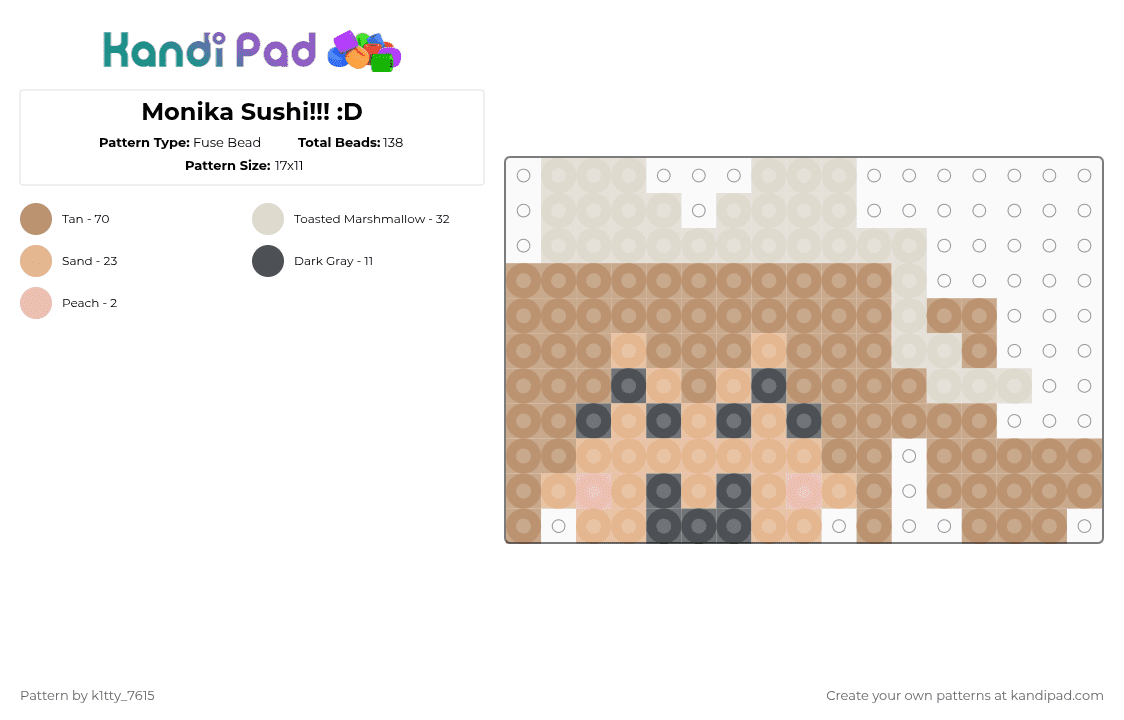 Monika Sushi!!! :D - Fuse Bead Pattern by k1tty_7615 on Kandi Pad - beige,monika,just monika,sushi,cotdsushi,ddlc,doki doki literature club,cute,horror