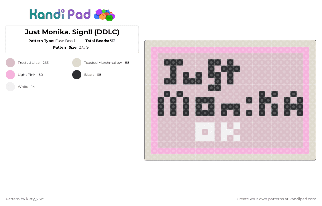 Just Monika. Sign!! (DDLC) - Fuse Bead Pattern by k1tty_7615 on Kandi Pad - beige,monika,just monika,ddlc,doki doki literature club,kawaii,cute,game,horror