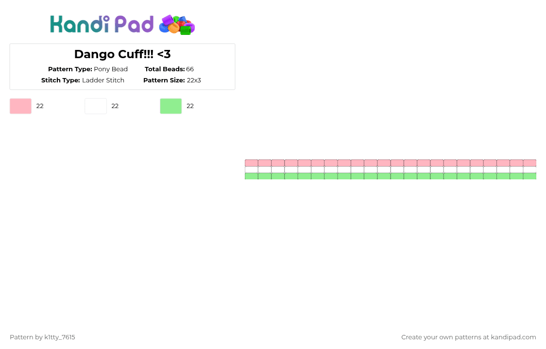 Dango Cuff!!! - Pony Bead Pattern by k1tty_7615 on Kandi Pad - cuff, cutecore, dango, dessert, green, pink, teal, white, yumm