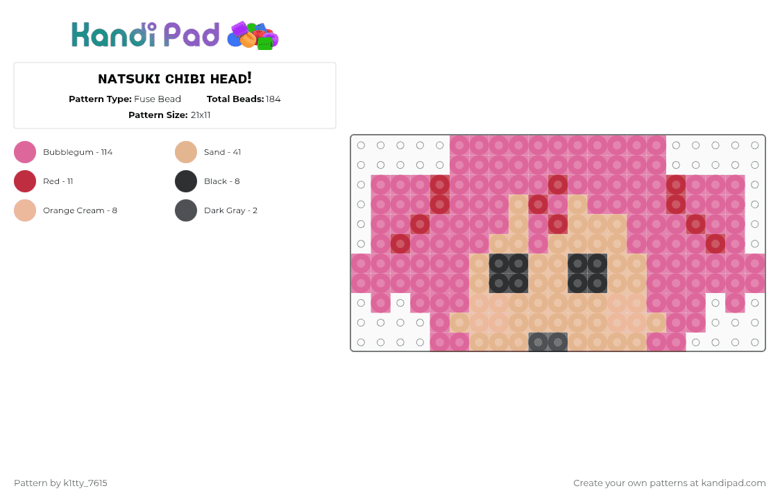 ɴᴀᴛsᴜᴋɪ ᴄʜɪʙɪ ʜᴇᴀᴅ! - Fuse Bead Pattern by k1tty_7615 on Kandi Pad - pink,beige,ddlc,doki doki literature club,natsuki,horror,cutecore,chibi,cute,anime