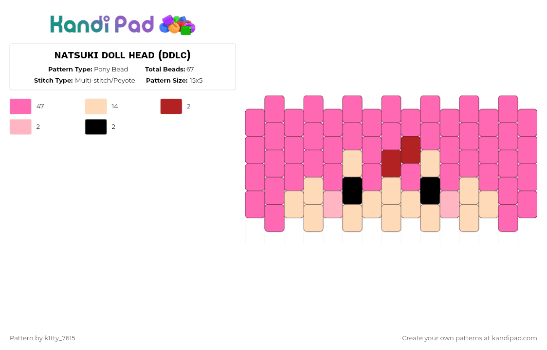 ɴᴀᴛsᴜᴋɪ ᴅᴏʟʟ ʜᴇᴀᴅ (ᴅᴅʟᴄ) - Pony Bead Pattern by k1tty_7615 on Kandi Pad - pink,ddlc,doki doki literature club,doll,kandi,cute,poems,cupcakes