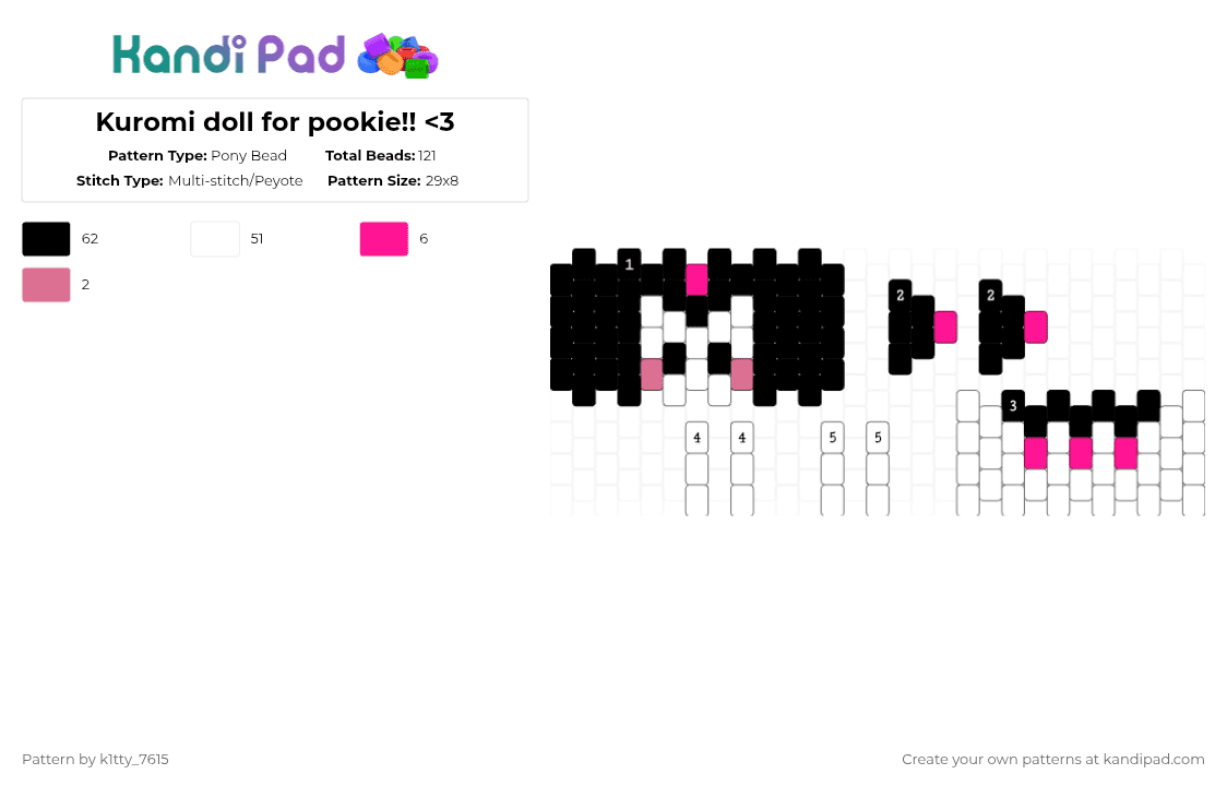 Kuromi doll for pookie!! - Pony Bead Pattern by k1tty_7615 on Kandi Pad - white,kuromi,sanrio,bestie,pookie,twin,doll,kandi,cute