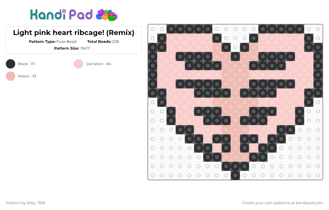 Light pink heart ribcage! (Remix) - Fuse Bead Pattern by k1tty_7615 on Kandi Pad - black,beige,remix,pastel,cutegore,bones,pink