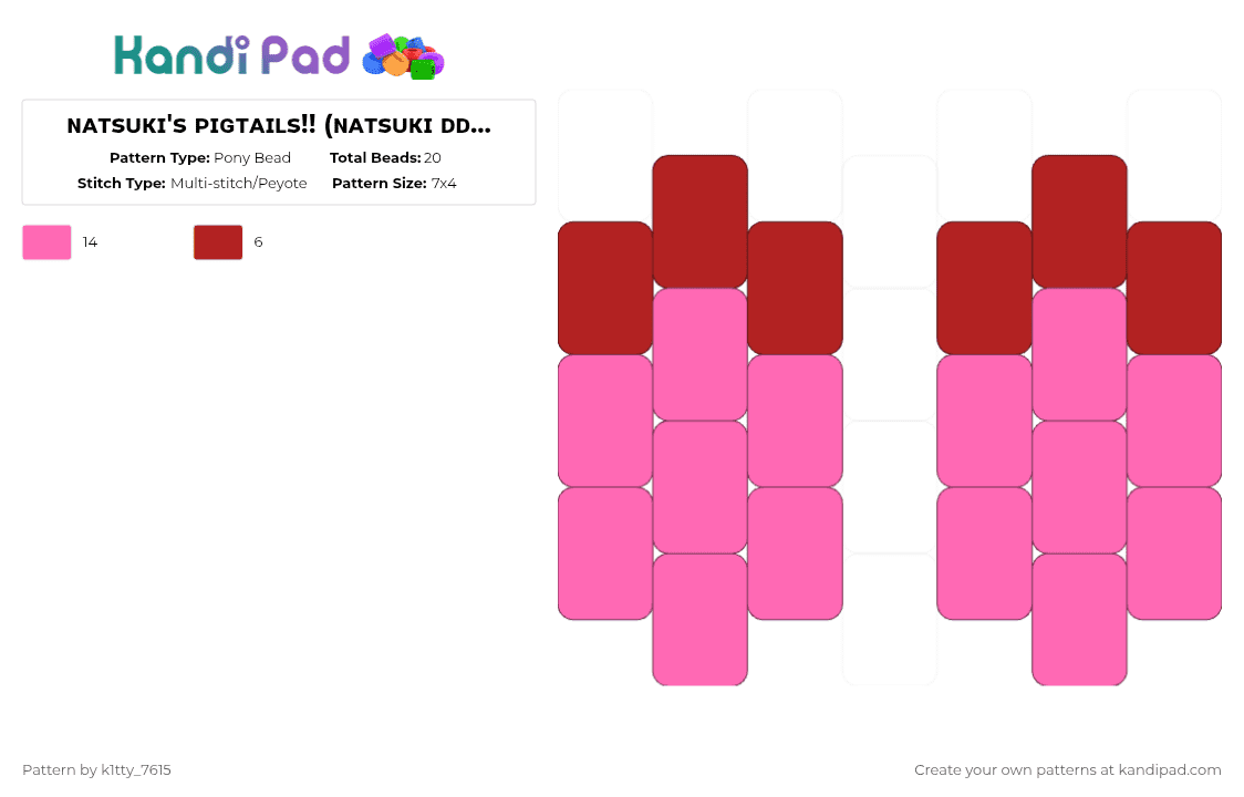 ɴᴀᴛsᴜᴋɪ\'s ᴘɪɢᴛᴀɪʟs!! (ɴᴀᴛsᴜᴋɪ ᴅᴅʟᴄ ᴋᴀɴᴅɪ ᴅᴏʟʟ) - Pony Bead Pattern by k1tty_7615 on Kandi Pad - red,pink,natsuki,pigtail,ddlc,doki doki literature club,doll,kandi,cute