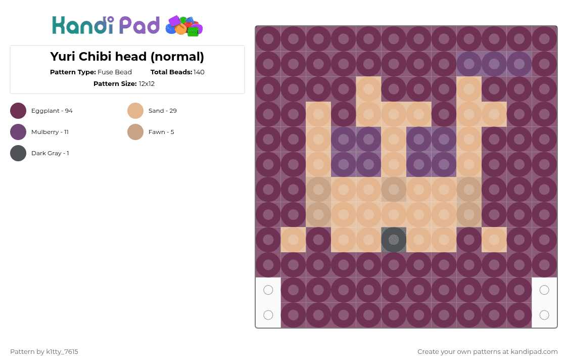 Yuri Chibi head (normal) - Fuse Bead Pattern by k1tty_7615 on Kandi Pad - pink,yuri,ddlc,doki doki literature club,horror,literature club,reading,poems,girl