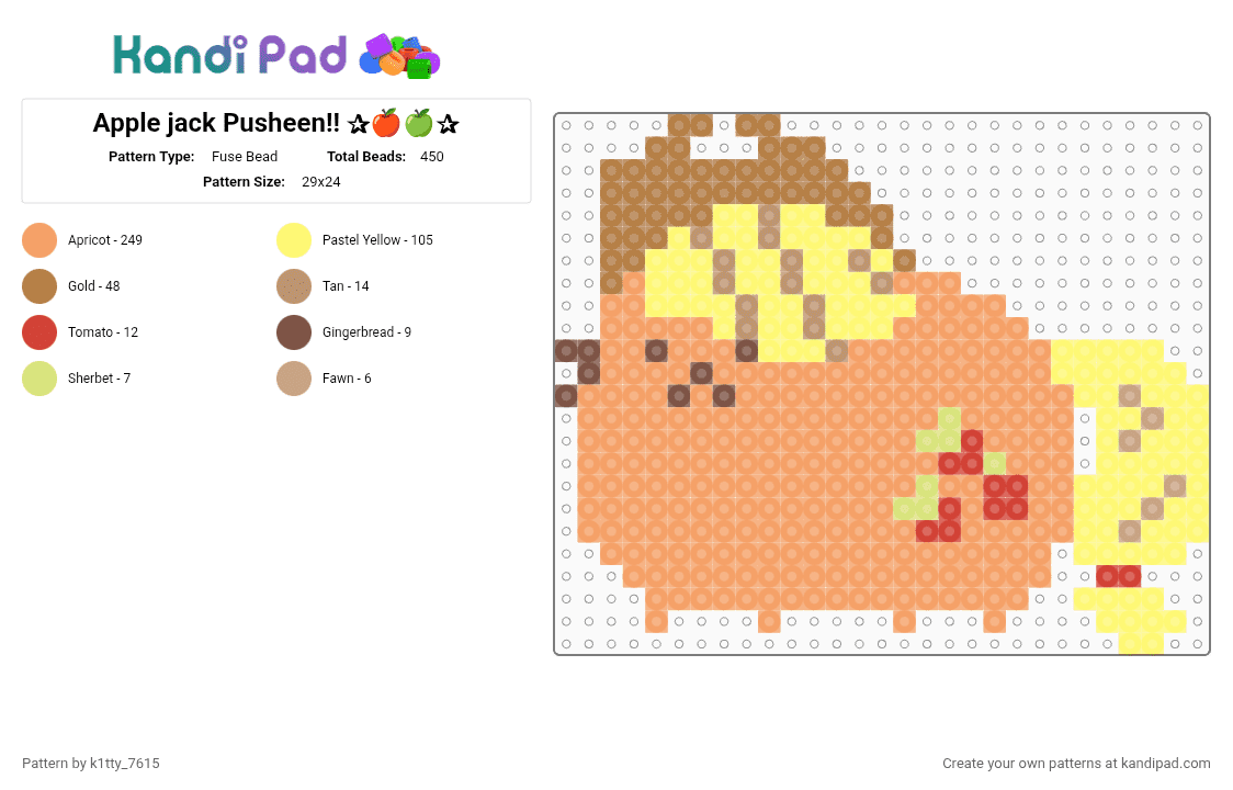 Apple jack Pusheen!! ✰🍎🍏✰ - Fuse Bead Pattern by k1tty_7615 on Kandi Pad - yellow,orange,applejack,mlp,pusheen,cute,mylittlepony,apple,farm,what in tarnation