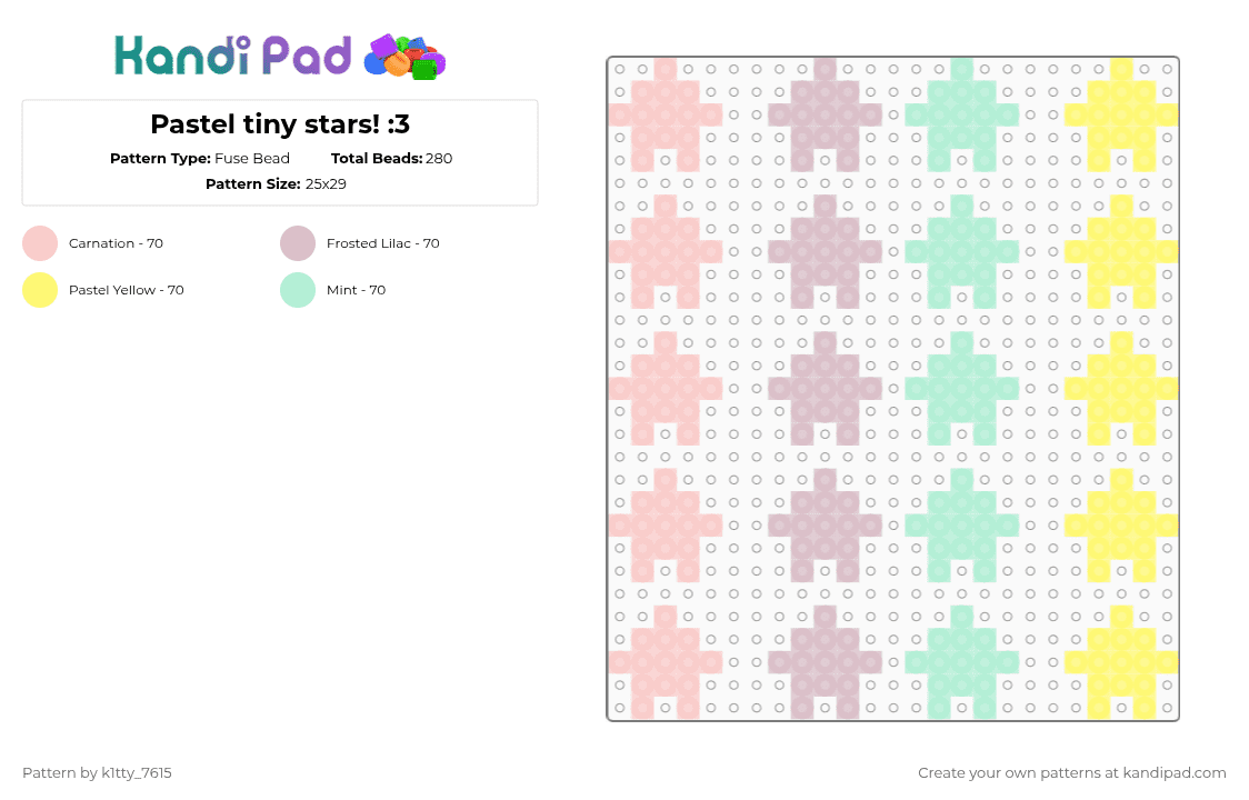 Pastel tiny stars! :3 - Fuse Bead Pattern by k1tty_7615 on Kandi Pad - beige,stars,cutecore,pastel,mint,yellow,lilac,pink,kawaii