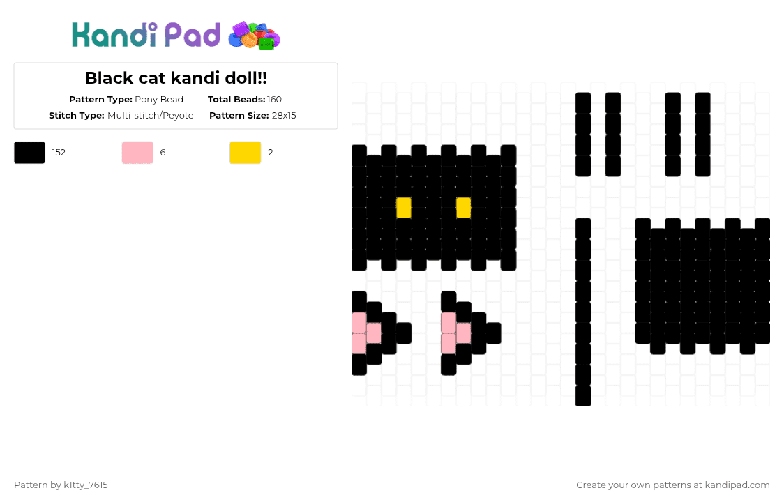 Black cat kandi doll!! - Pony Bead Pattern by k1tty_7615 on Kandi Pad - black,pink,cat,doll,kandi,cute,yellow,kitten,kitty