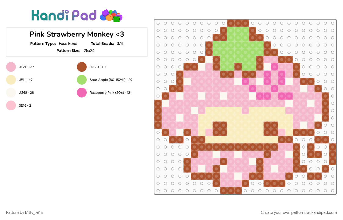 Pink Strawberry Monkey - Fuse Bead Pattern by k1tty_7615 on Kandi Pad - baby, coquette, cutecore, fruit, kawaii, monkey, pink, red, strawberry