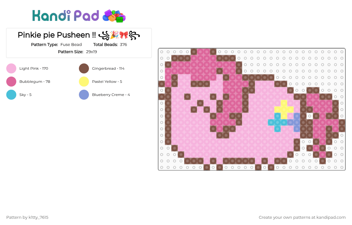 Pinkie pie Pusheen !! ꧁🎉🎀꧂ - Fuse Bead Pattern by k1tty_7615 on Kandi Pad - tan,pink,pusheen,kawaii,cutecore,pinkie pie,mlp,na,mane 6,kawaiikei