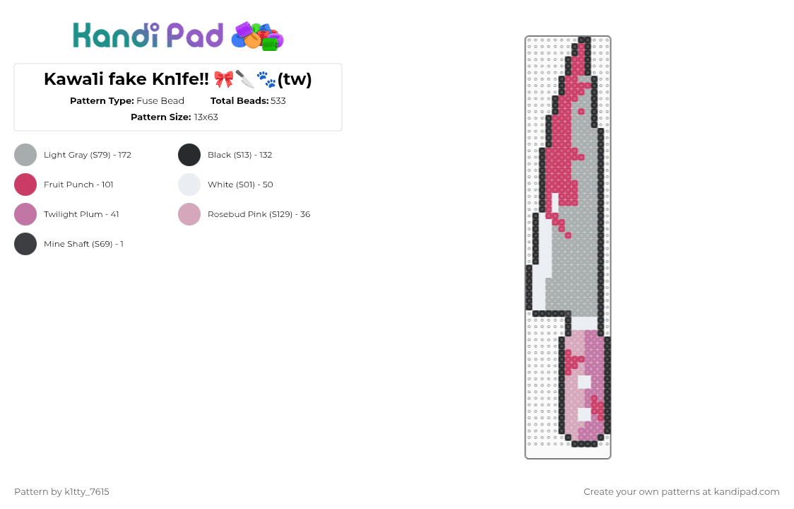 Kawa1i fake Kn1fe!! 🎀🔪🐾(tw) - Fuse Bead Pattern by k1tty_7615 on Kandi Pad - pink,gray,knife,bow,kawaii,cutecore,cutegore,fake,kitchen